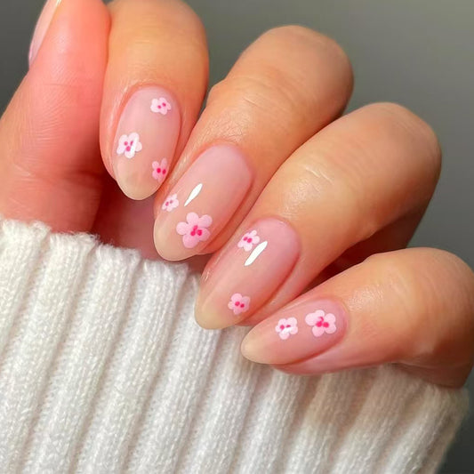 Blossom Garden Medium Almond Pink Floral Press On Nail Set