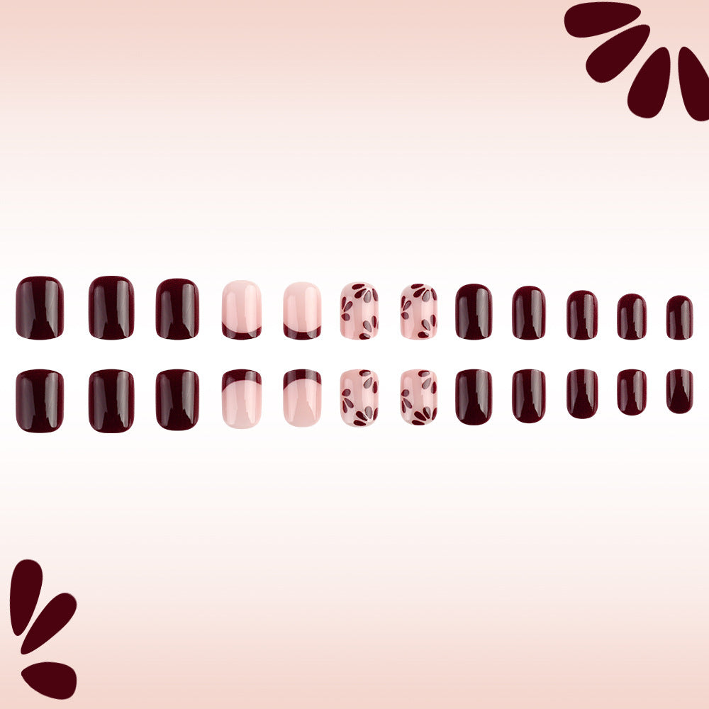 Autumn Elegance Press On Nail Set Short Square Bordeaux and Blush with Floral Accents