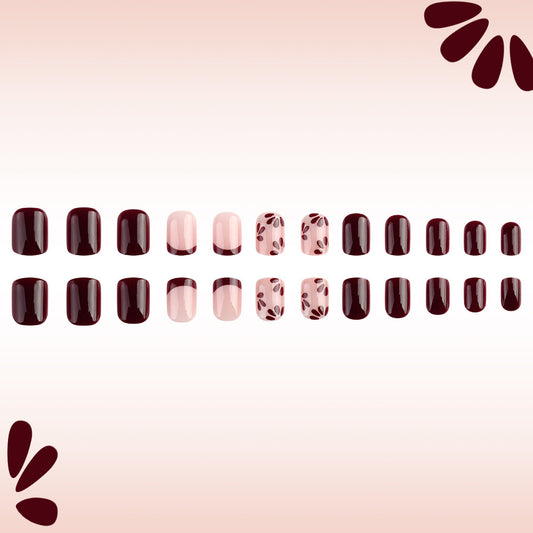 Autumn Elegance Press On Nail Set Short Square Bordeaux and Blush with Floral Accents