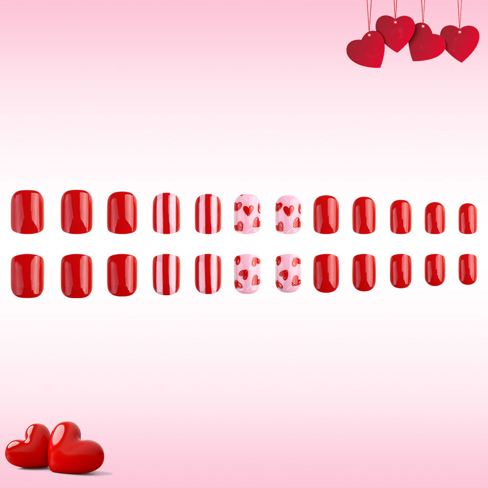 Romantic Love Inspired Short Square Red Press On Nail Set with Heart Patterns and Stripes
