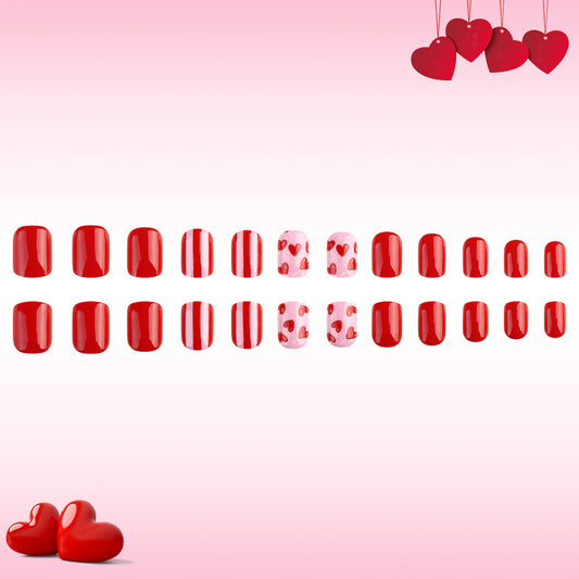 Romantic Love Inspired Short Square Red Press On Nail Set with Heart Patterns and Stripes