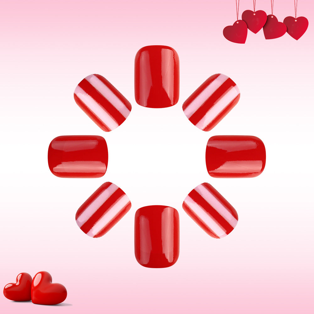 Love Inspired Short Square Red Press On Nail Set with Glossy Finish and Striped Accent