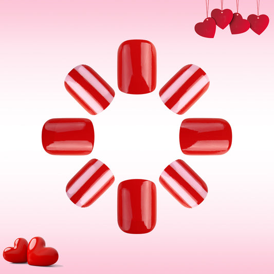 Love Inspired Short Square Red Press On Nail Set with Glossy Finish and Striped Accent