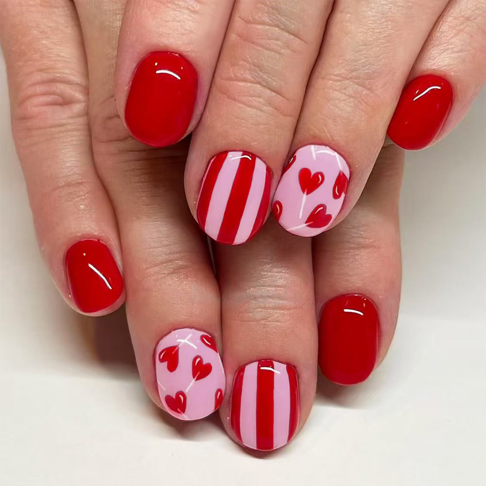 Love Inspired Short Oval Red and Pink Heart Design Press On Nail Set