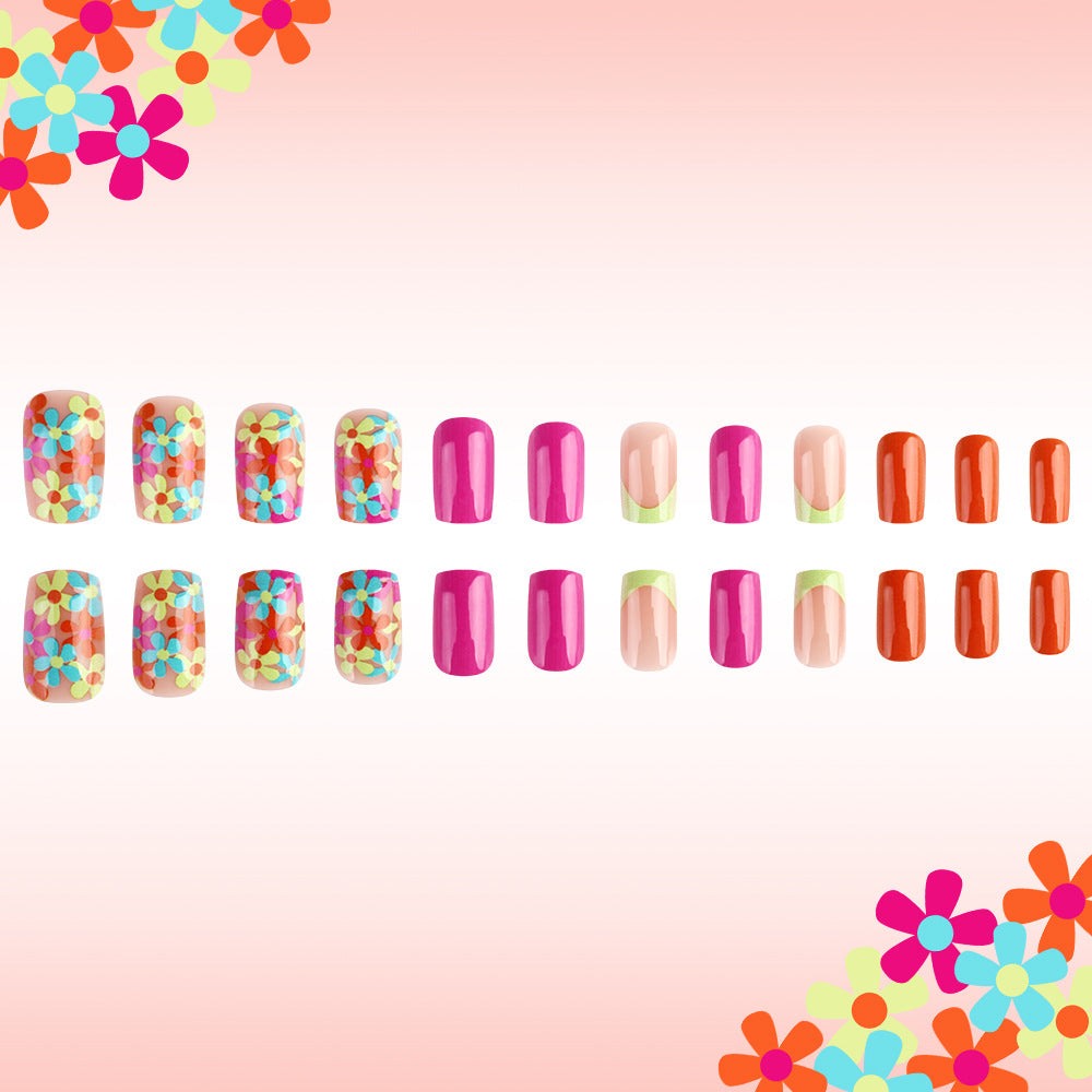 Floral Delight Medium Square Press-On Nail Set in Bright Colors with Fun Flower Patterns