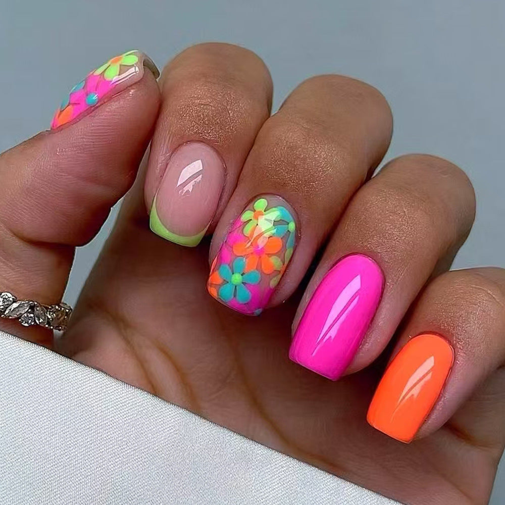 Floral Fantasy Medium Square Neon Nail Set with Vibrant Flower Accents