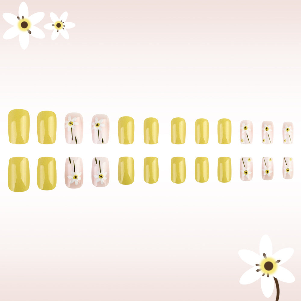 Sunny Floral Elegance Press-on Nail Set in Medium Square Shape Vibrant Yellow and Soft Pink with Charming Flower Accents