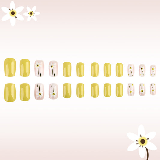 Sunny Floral Elegance Press-on Nail Set in Medium Square Shape Vibrant Yellow and Soft Pink with Charming Flower Accents