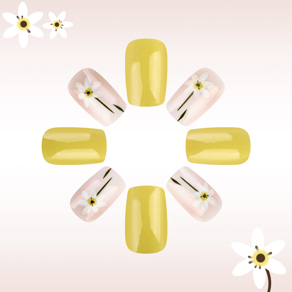 Sunny Meadow Press On Nail Set in Medium Square Bright Yellow and Charming Floral Design