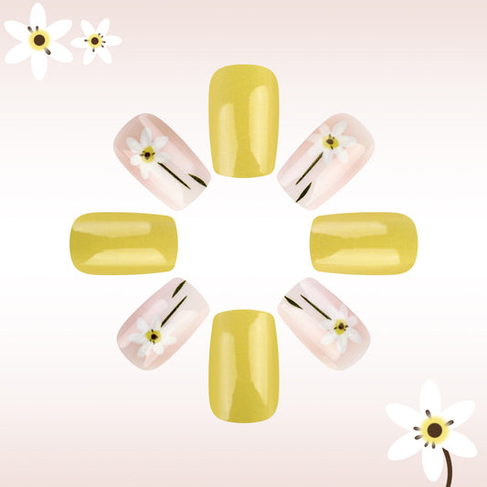 Sunny Meadow Press On Nail Set in Medium Square Bright Yellow and Charming Floral Design
