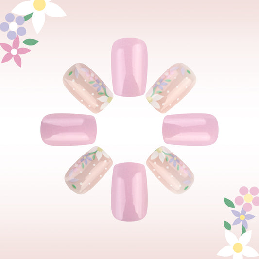 Dreamy Blossom Medium Square Soft Pink with Whimsical Floral Design Press On Nail Set