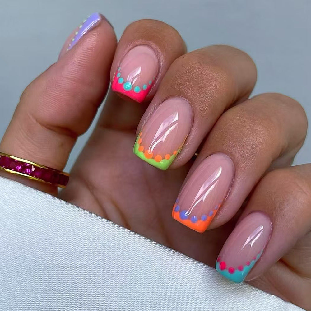 Vibrant Ocean Breeze Medium Square Colorful Ombre Press On Nail Set with Dazzling Dot Accents