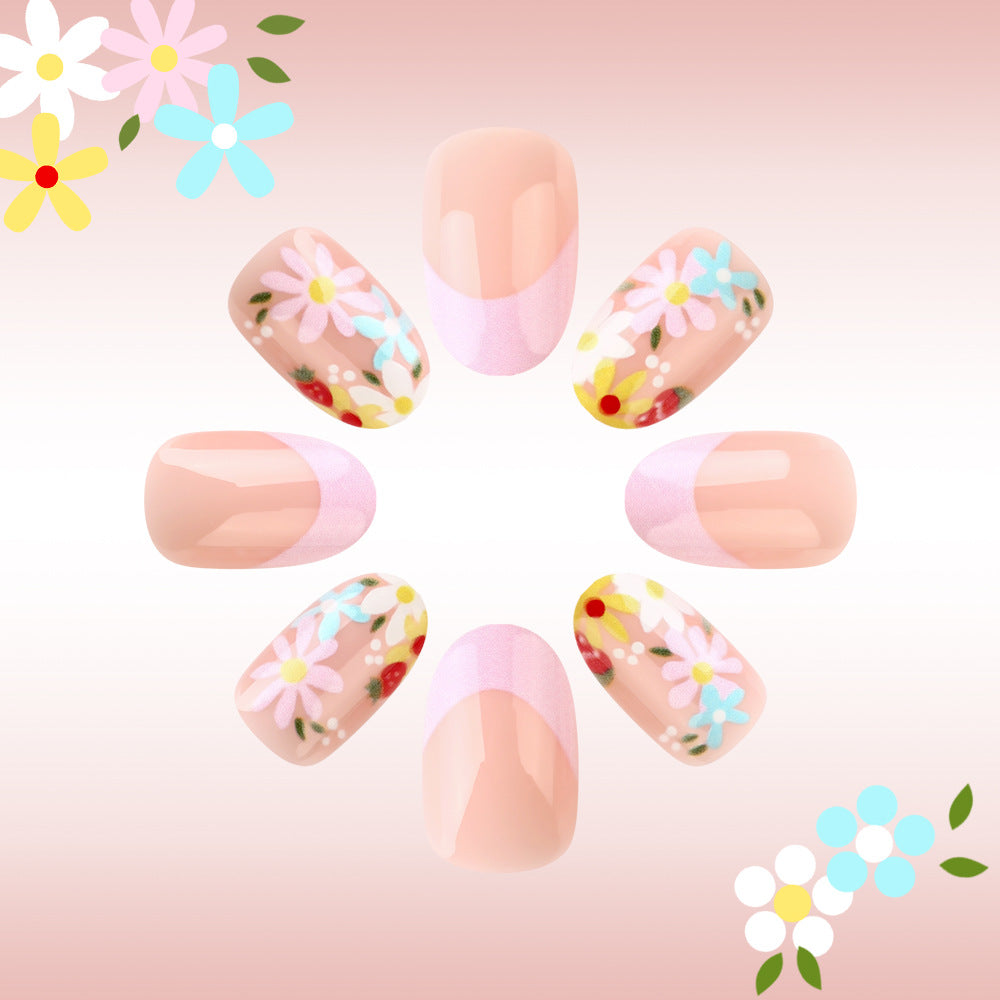 Floral Dreamland Short Oval Pink with Colorful Floral Accents Press On Nail Set