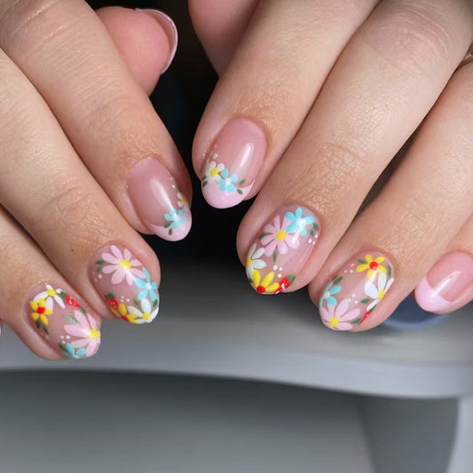 Whimsical Garden Floral Medium Oval Pastel Press on Nail Set with Intricate Hand-Painted Designs
