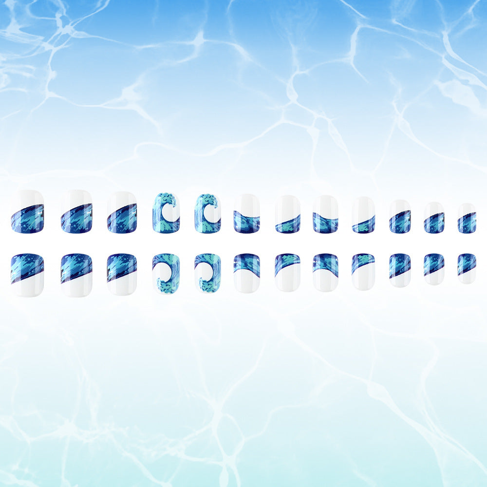 Ocean Breeze Chic Short Square Blue and White Waves Press on Nail Set with Iridescent Finish