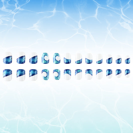 Ocean Breeze Chic Short Square Blue and White Waves Press on Nail Set with Iridescent Finish