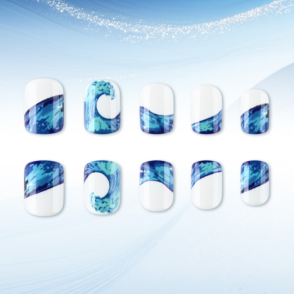 Ocean Wave Inspired Short Square Blue Nail Set with Artistic Water Design