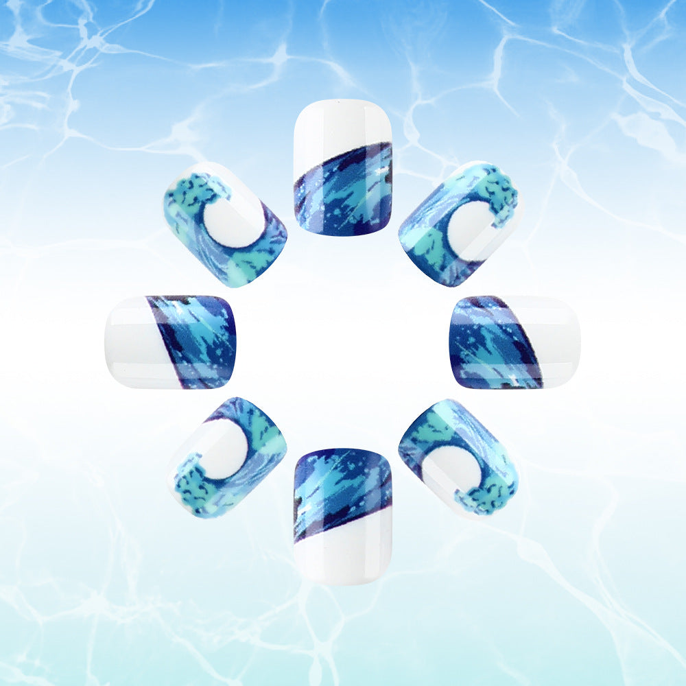 Ocean Breeze Short Square Blue and White Press on Nail Set with Wave Design