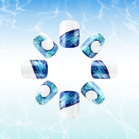 Ocean Breeze Short Square Blue and White Press on Nail Set with Wave Design