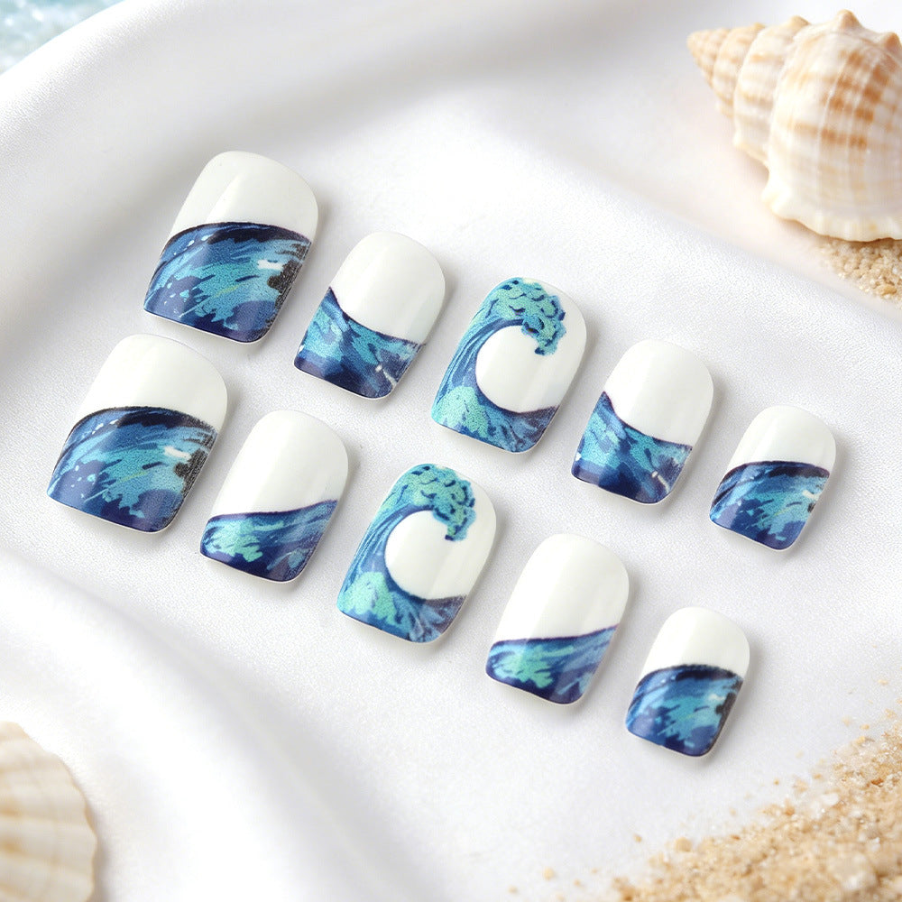 Ocean Wave Inspired Short Square Blue and White Press On Nail Set with Artistic Design