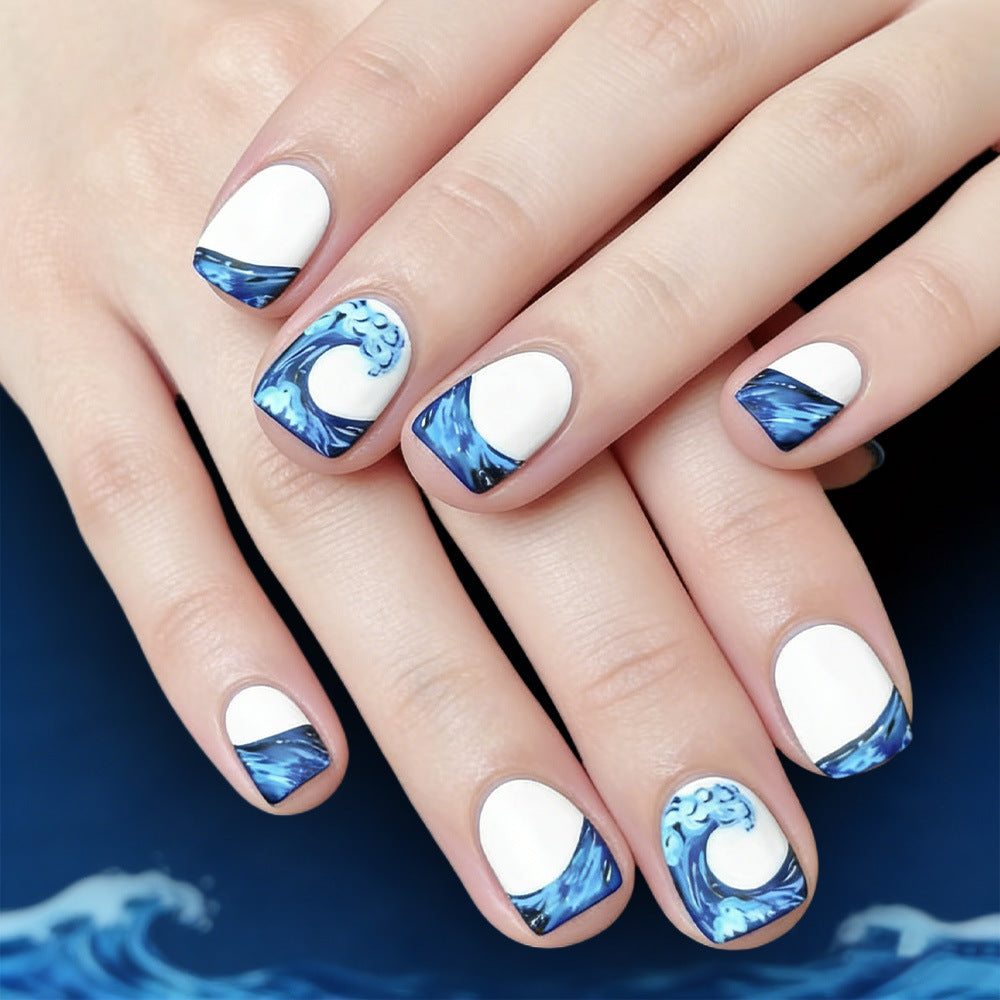 Ocean Wave Inspired Short Square Blue and White Press-On Nail Set with Artistic Designs