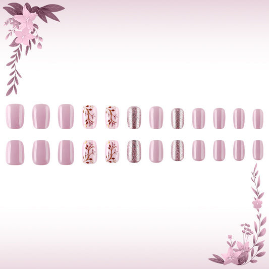 Blossom Elegance Short Square Pink Press On Nail Set with Floral Accents and Sparkling Details