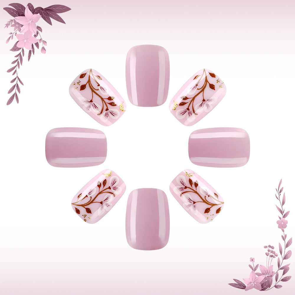 Blossom Elegance Short Square Soft Pink Floral Design Press On Nail Set