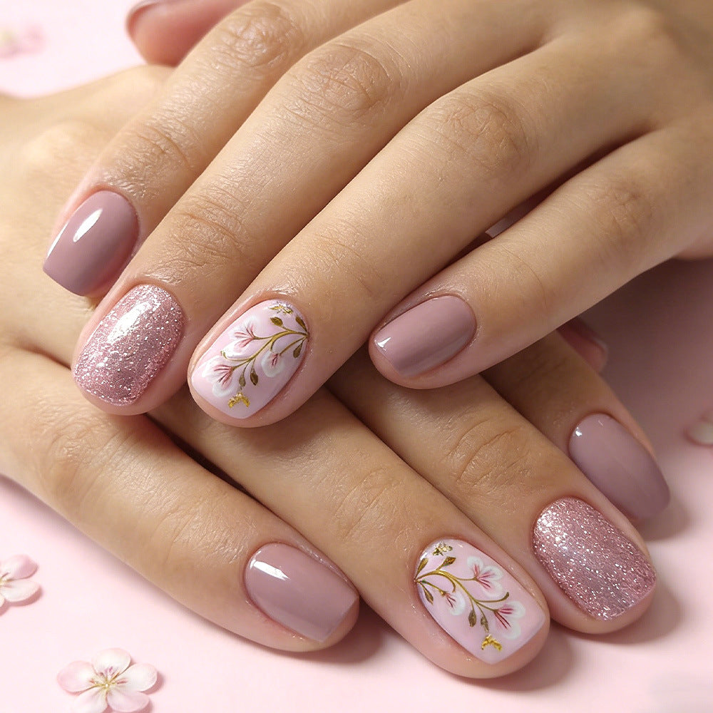 Blossom Bliss Short Square Pink with Floral Design and Glitter Accents Press on Nail Set