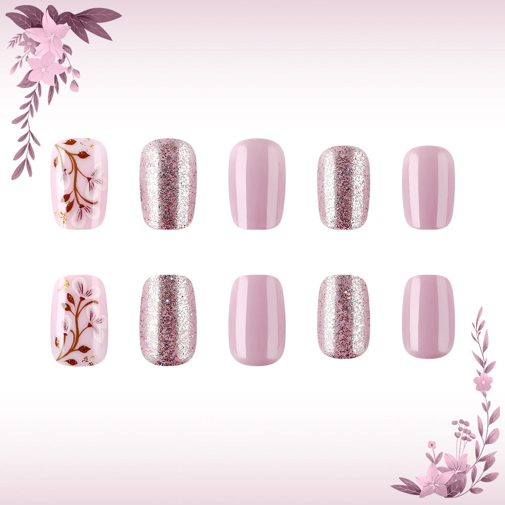 Blossom Bliss Soft Medium Square Soft Pink with Glitter and Floral Accent Press-On Nail Set