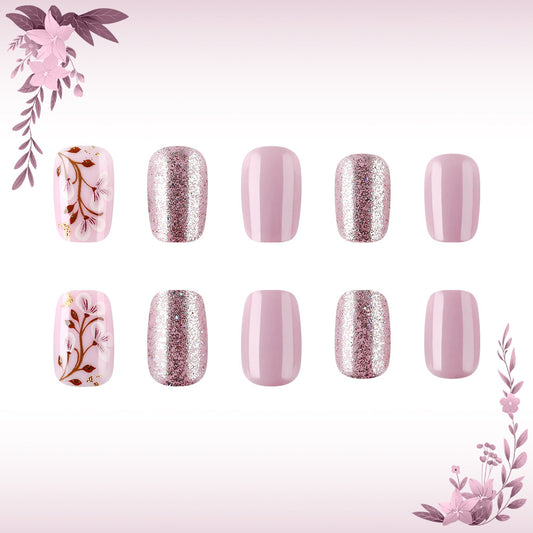 Blossom Bliss Soft Medium Square Soft Pink with Glitter and Floral Accent Press-On Nail Set