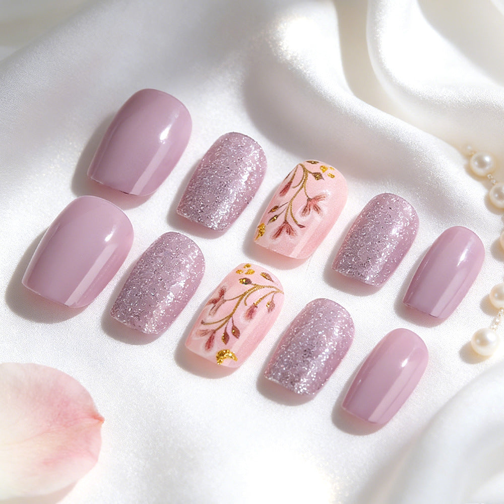 Whimsical Lavender Dream Short Square Press-On Nail Set with Sparkling Glitter and Floral Accents