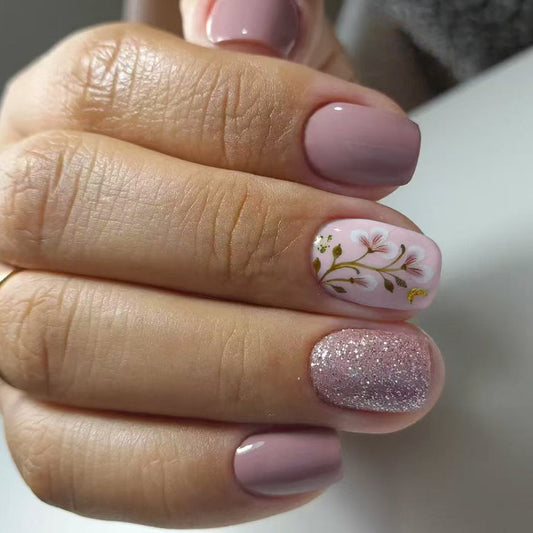 Elegance in Bloom Medium Square Soft Pink with Floral Accents and Sparkling Glitter Press-On Nail Set