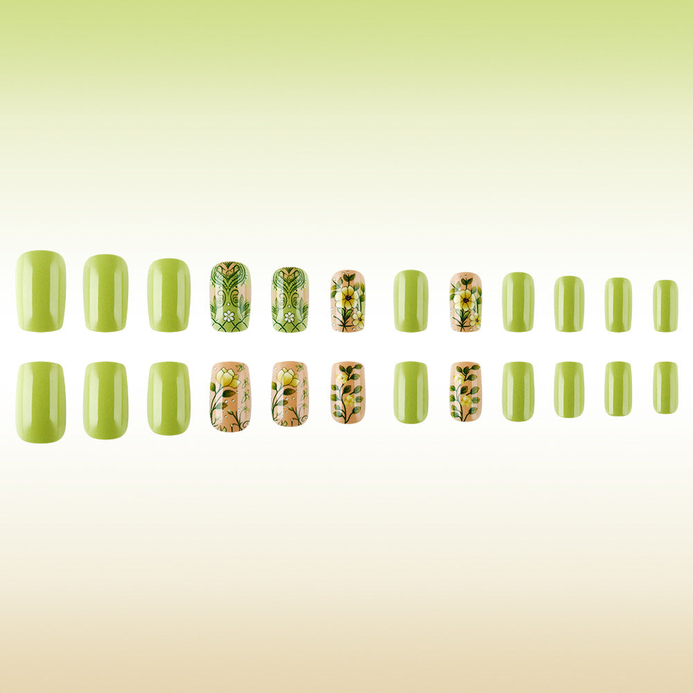 Garden Bliss Vibrant Medium Square Green Press On Nail Set with Charming Floral Designs