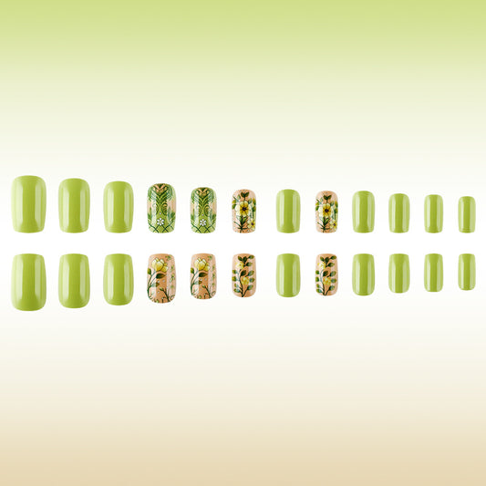 Garden Bliss Vibrant Medium Square Green Press On Nail Set with Charming Floral Designs