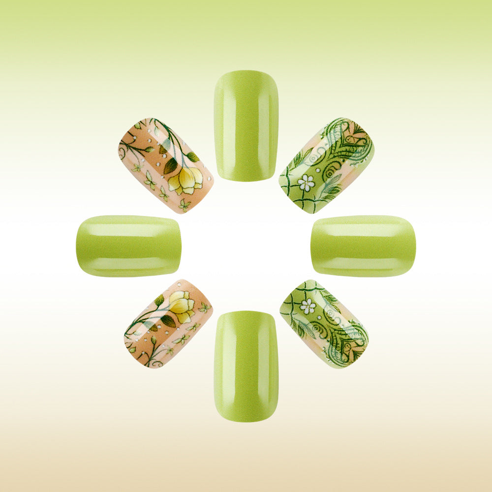 Blooming Garden Chic Medium Square Green Press on Nail Set with Whimsical Floral Accents
