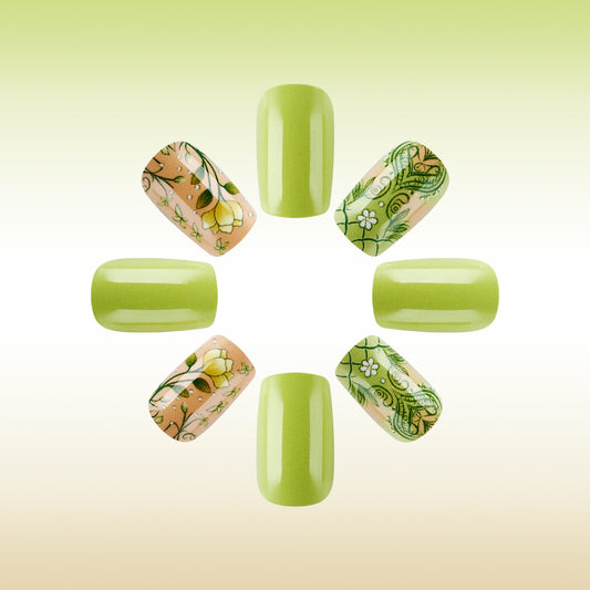 Blooming Garden Chic Medium Square Green Press on Nail Set with Whimsical Floral Accents