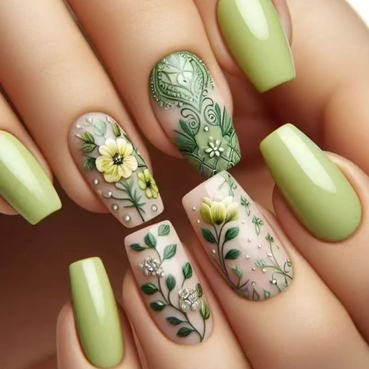 Botanical Bliss Medium Square Green with Intricate Floral Designs Press on Nail Set
