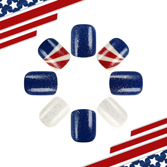 Patriotic Glamour Short Square Press On Nail Set in Deep Blue and White with Glittering Starry Accents