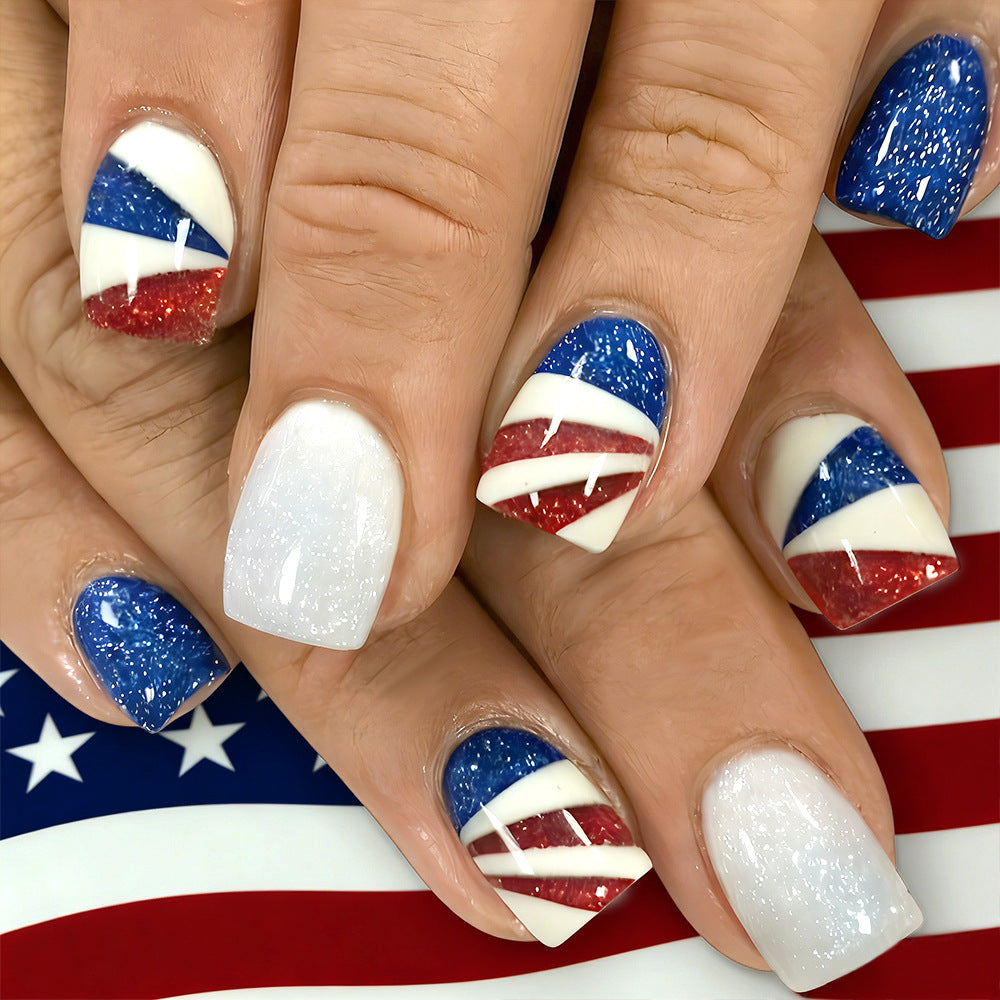 Patriotic Vibe Short Square Shimmering White Red and Blue Glitter Press on Nail Set