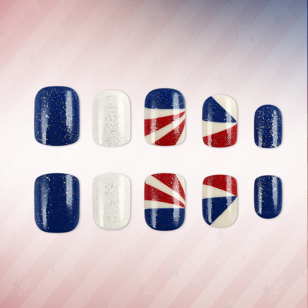Celebrate Freedom Glamour Short Square Blue and White Glittery Design Press On Nail Set