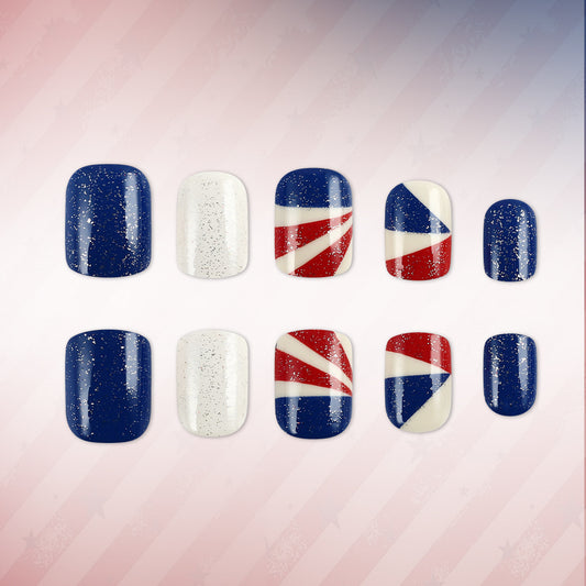 Celebrate Freedom Glamour Short Square Blue and White Glittery Design Press On Nail Set