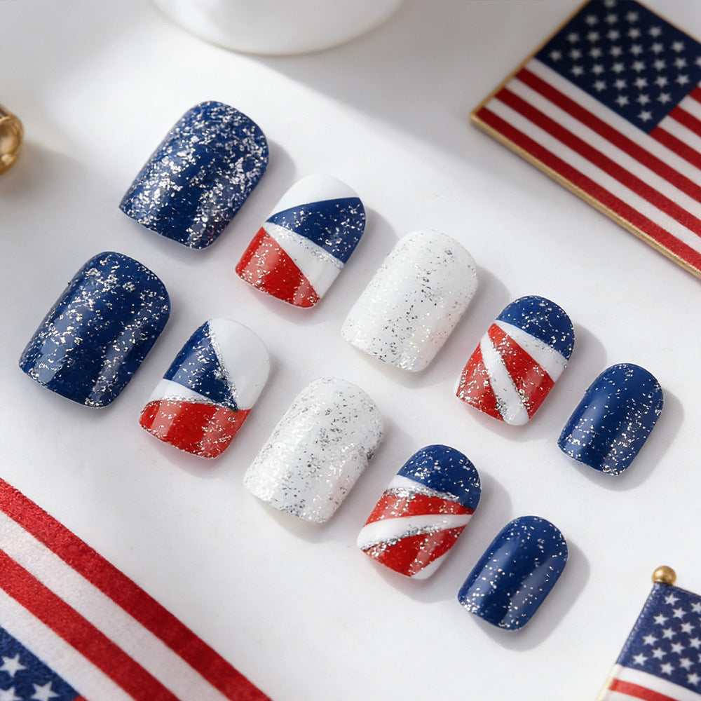 Patriotic Glamour Short Square Blue Red and White Glitter Press-On Nail Set