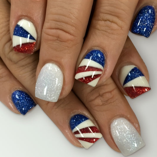 Patriotic Glamour Medium Square Glittery Press-On Nail Set in Red White and Blue with Striking Geometric Design
