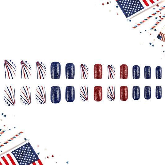 Patriotic Elegance Medium Square Red and Blue with Sparkling Glitter and Striped Design Press On Nail Set