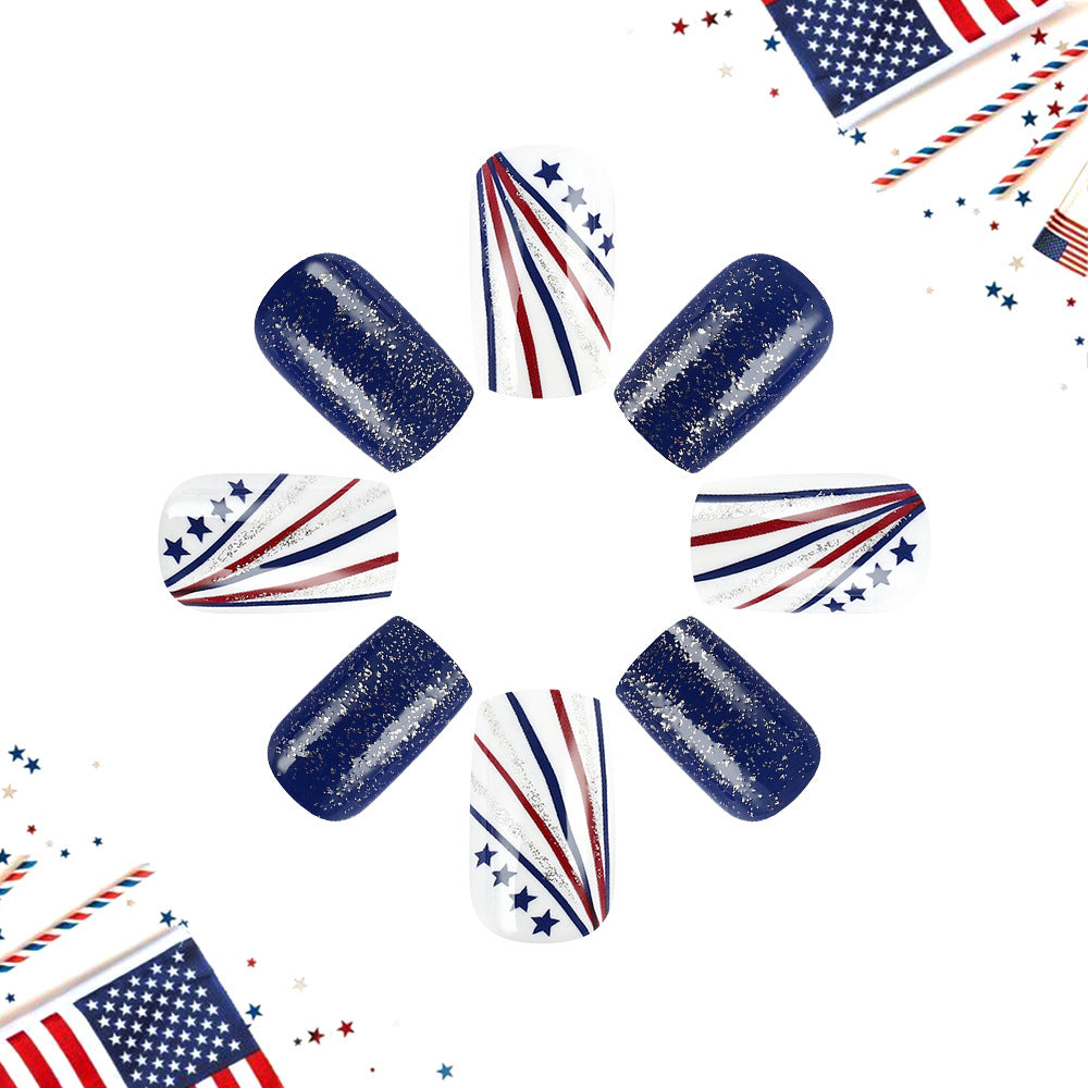 Patriotic Celebration Bold Medium Square Navy and White with Red Stripes and Glitter Press On Nail Set