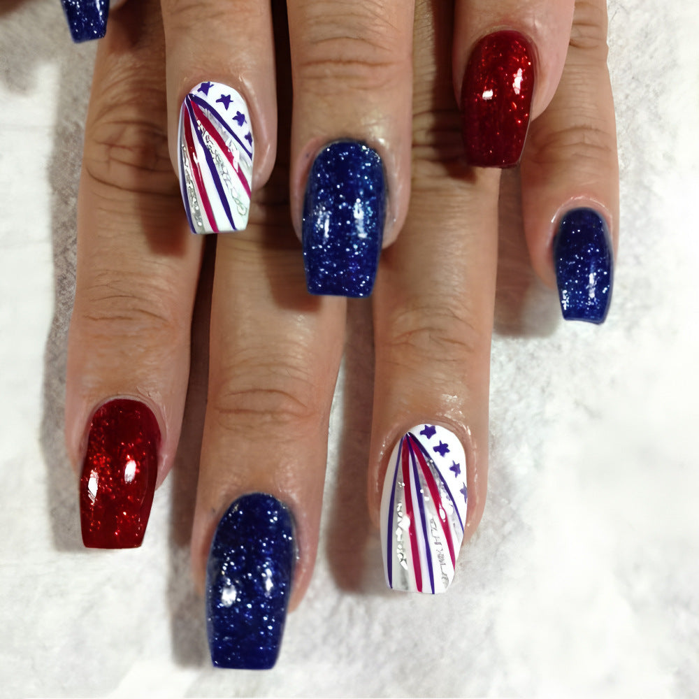 Patriotic Sparkle Long Square Red Blue and White Glitter Press-On Nail Set with Star Accents