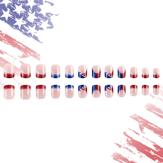 Patriotic Glamour Medium Square Pink Red and Blue Glitter Star Nail Press On Set