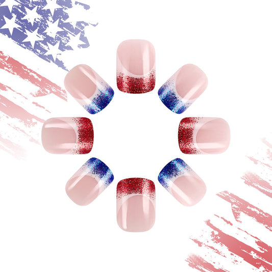 Patriotic Celebration Medium Square Shape Beige with Glitter Ombre Tips Press On Nail Set
