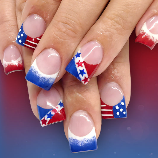 Patriotic Vibes Short Square Red and Blue Ombre with Star and Stripe Design Press on Nail Set