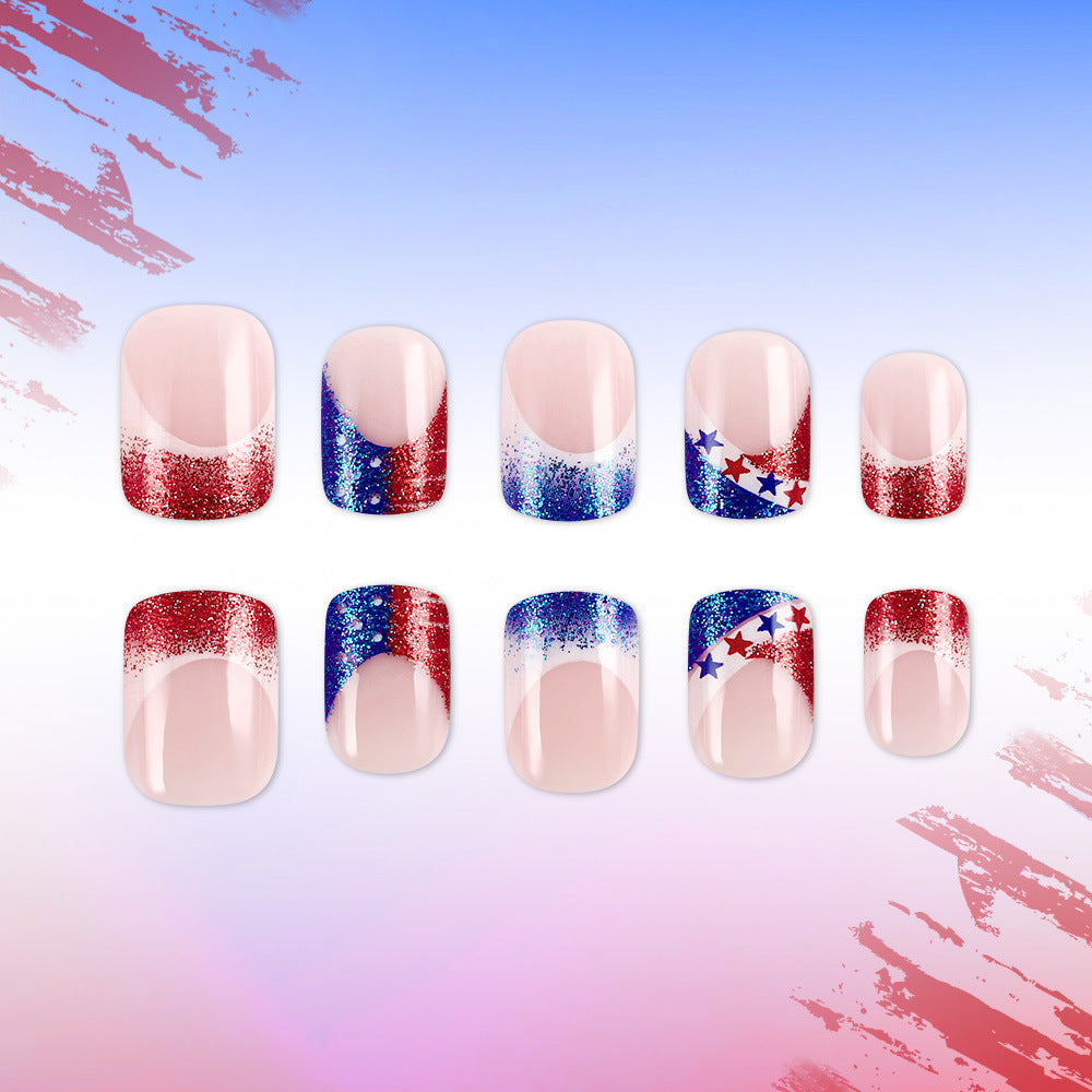 Star-Spangled Sparkle Press-On Nail Set in Short Square Shape with Red and Blue Glitter Finish